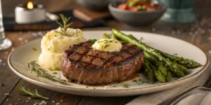Juicy ribeye steak with herb butter, mashed potatoes, and asparagus