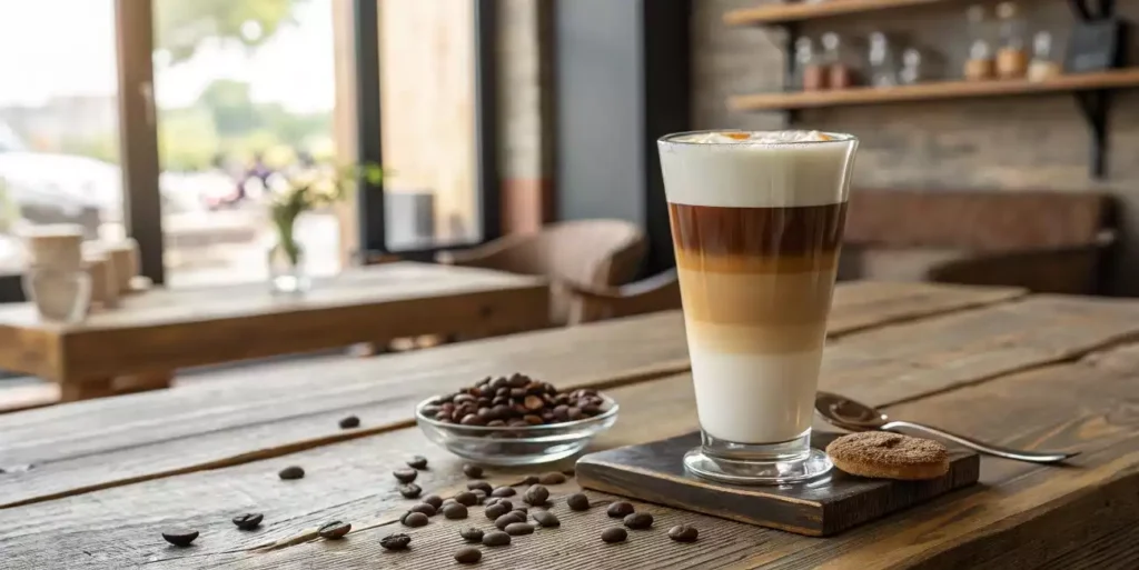 Beautifully layered Latte Macchiato in a glass