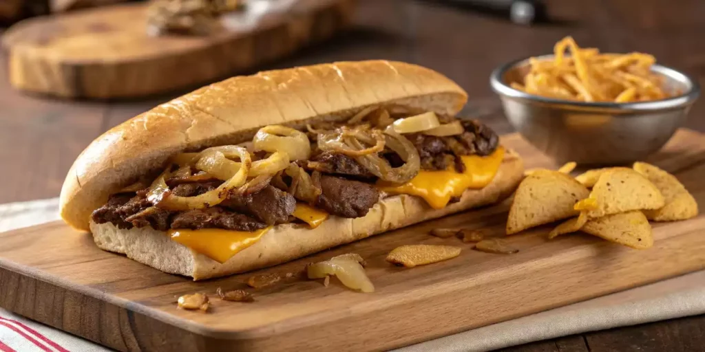 Philly cheesesteak with melted cheese and caramelized onions