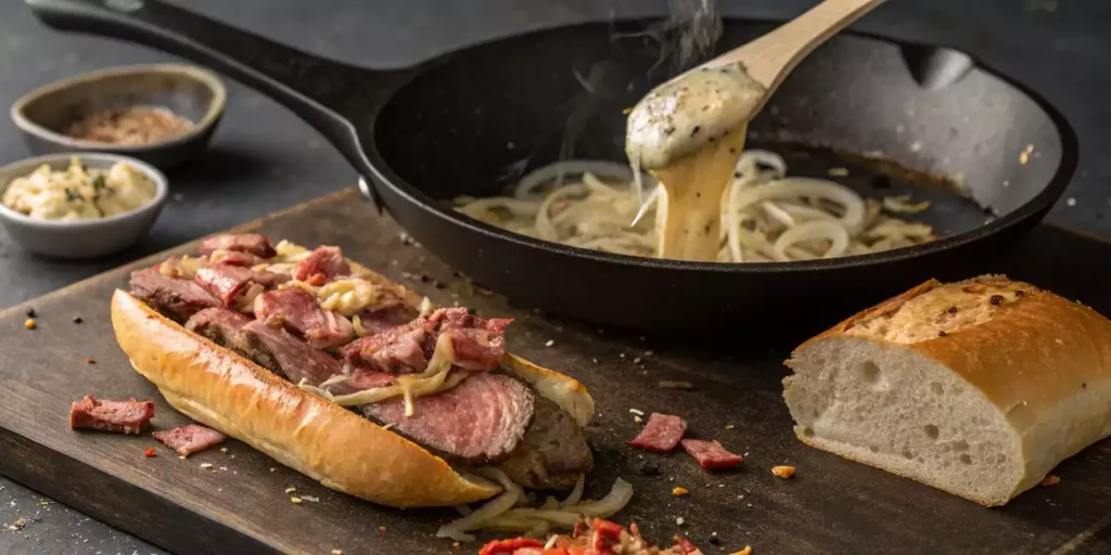 Cooking a Philly cheesesteak on a flat-top grill