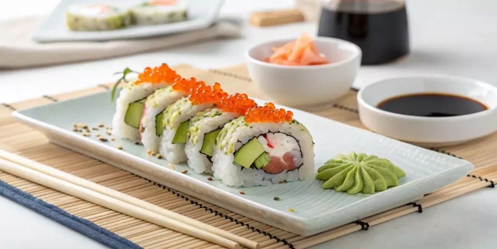 Sushi roll topped with tobiko, served with wasabi and soy sauce