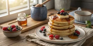 Fluffy pancakes drizzled with syrup and topped with berries