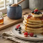 Fluffy pancakes drizzled with syrup and topped with berries