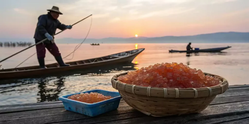 A Japanese fisherman harvesting tobiko by hand