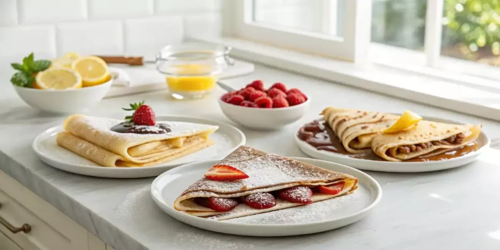 A plate of three crêpes, each topped with Nutella, sugar & lemon, and fruit jam