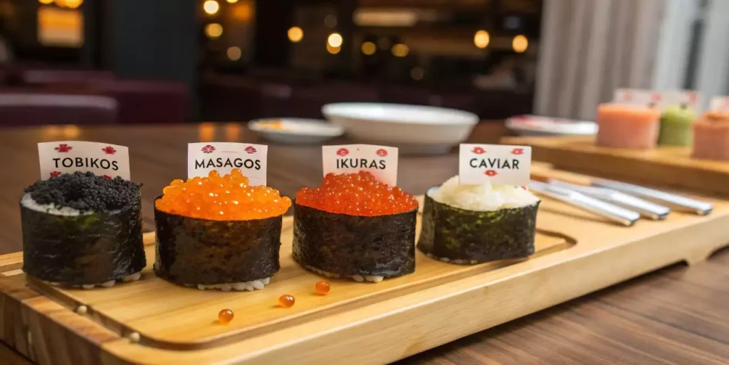 Comparison of tobiko, masago, ikura, and caviar on a sushi platter