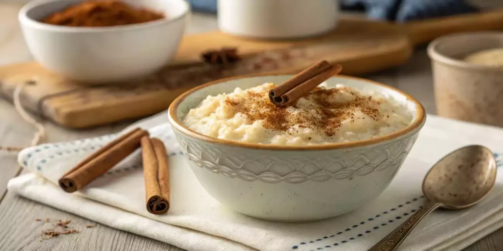 A bowl of creamy rice pudding (arroz con leche) with cinnamon on top