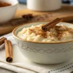 A bowl of creamy rice pudding (arroz con leche) with cinnamon on top