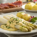White asparagus with Hollandaise sauce, ham, and potatoes