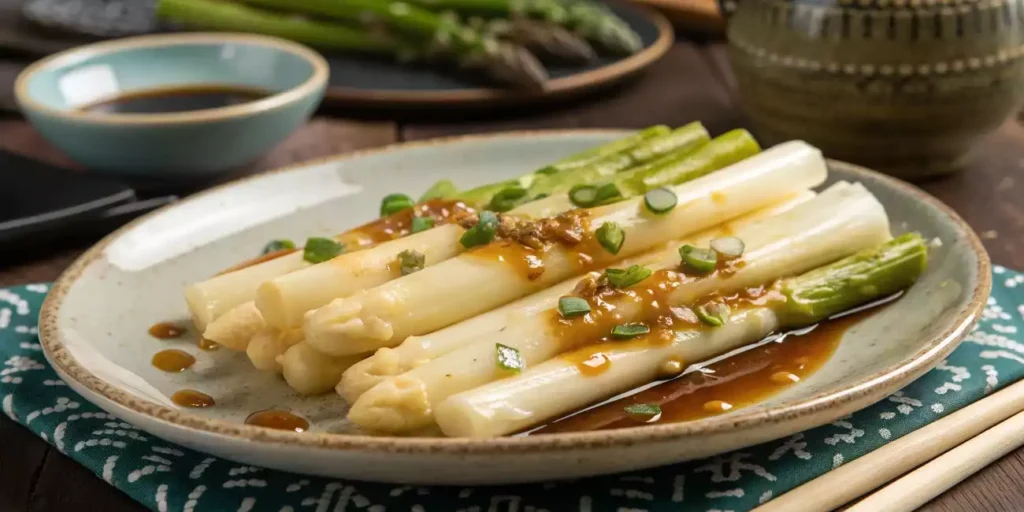 Glazed white asparagus spears drizzled with miso butter sauce, garnished with sesame seeds and chopped green onions on a ceramic plate