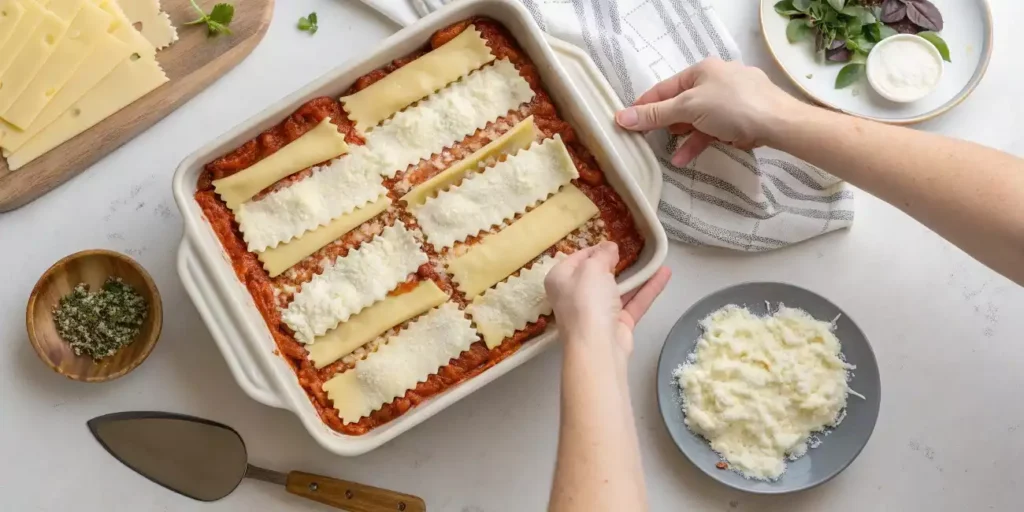 Step-by-step layering of homemade lasagna with pasta, cheese, and sauce.
