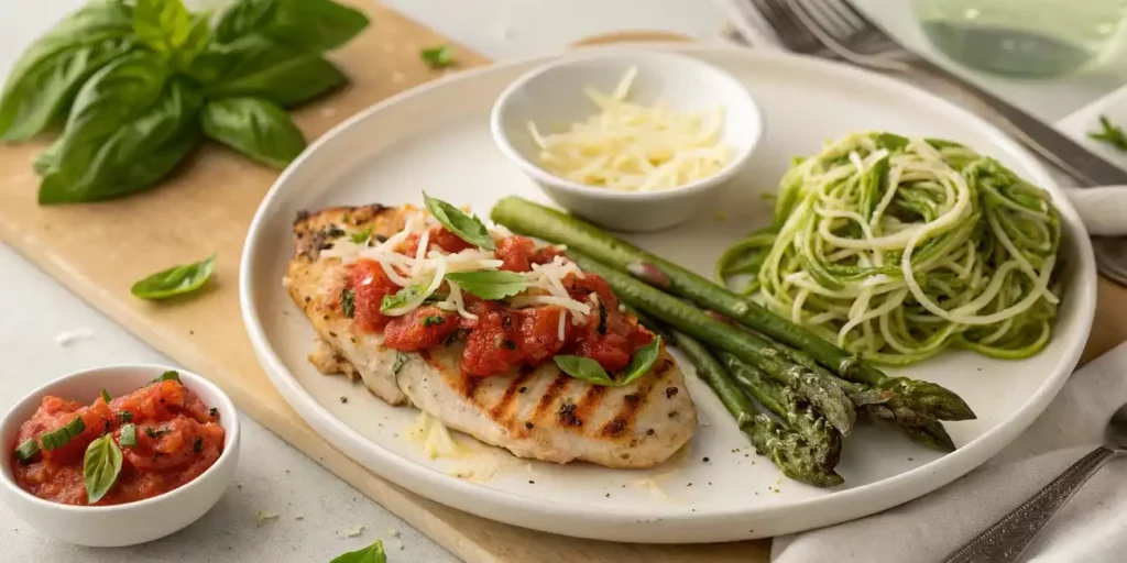 Bruschetta chicken served with asparagus and zucchini noodles.
