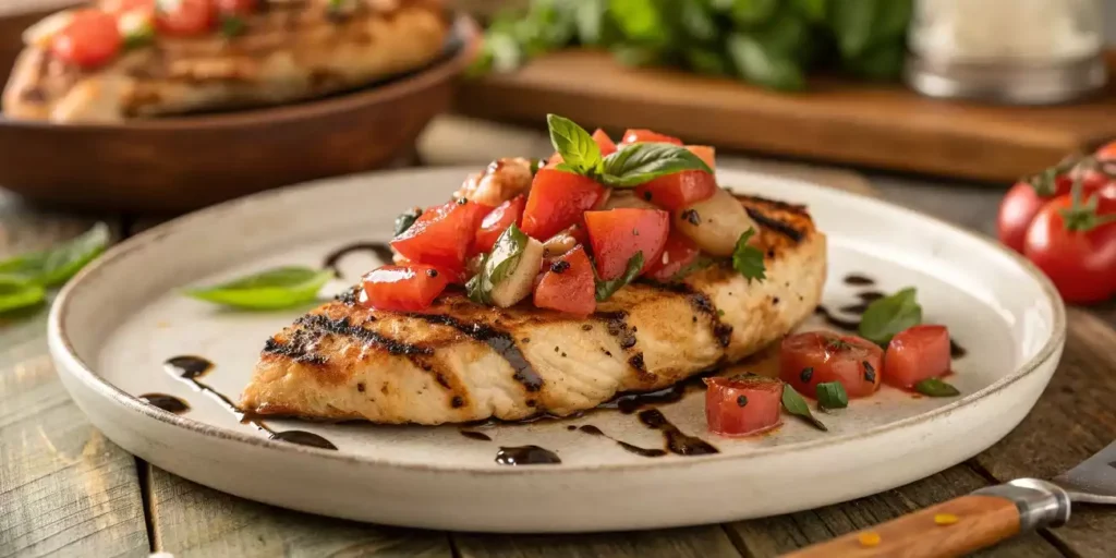 Juicy bruschetta chicken topped with fresh tomatoes, basil, and balsamic glaze