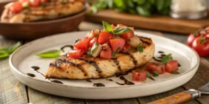 Juicy bruschetta chicken topped with fresh tomatoes, basil, and balsamic glaze