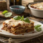 A steaming slice of homemade lasagna with layers of cheese and meat sauce.