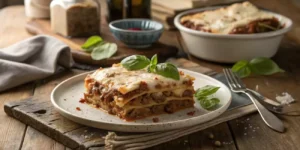 A steaming slice of homemade lasagna with layers of cheese and meat sauce.