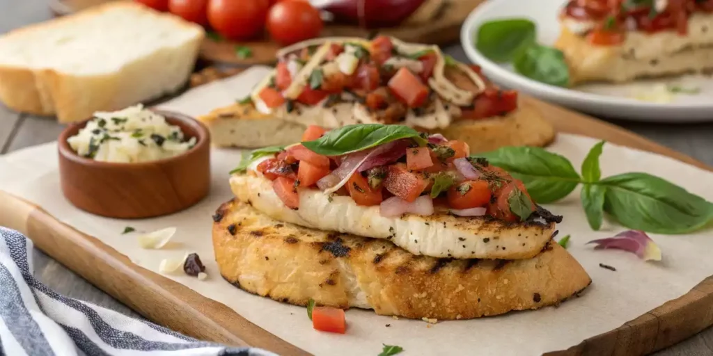 A plated bruschetta chicken dish topped with fresh tomatoes, basil, and balsamic glaze.