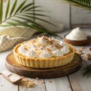 Florida Coconut Cream Pie with whipped cream and toasted coconut flakes