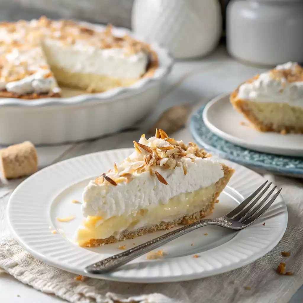Florida Coconut Cream Pie with whipped cream and toasted coconut flakes