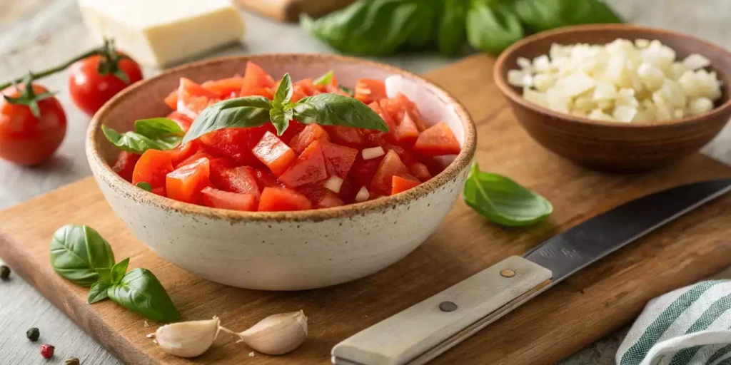 Fresh Roma tomatoes, basil, and garlic for bruschetta topping.