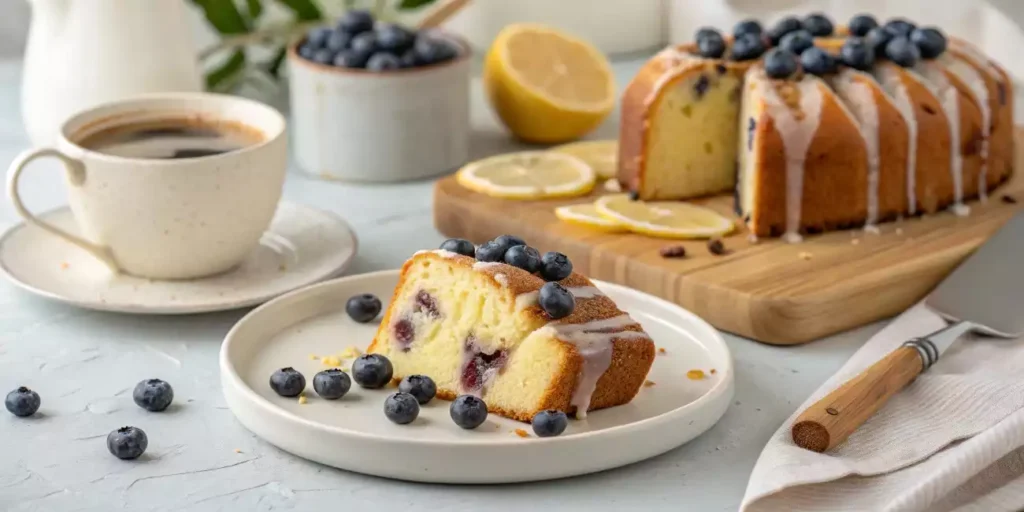 A slice of lemon pound cake with blueberries and glaze.
