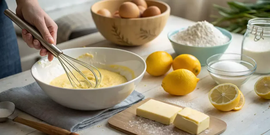 Mixing lemon zest and sugar for a lemon pound cake.