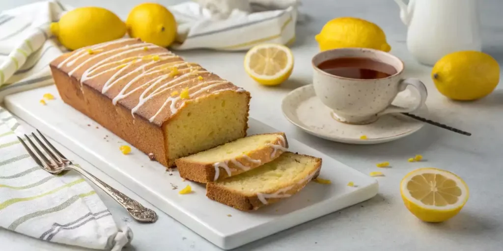 Freshly baked lemon pound cake with lemon glaze on a rustic table.