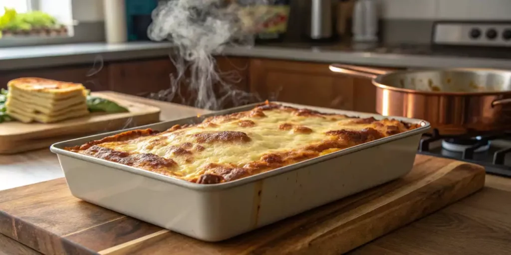 A dinner table with baked lasagna, salad, and garlic bread.