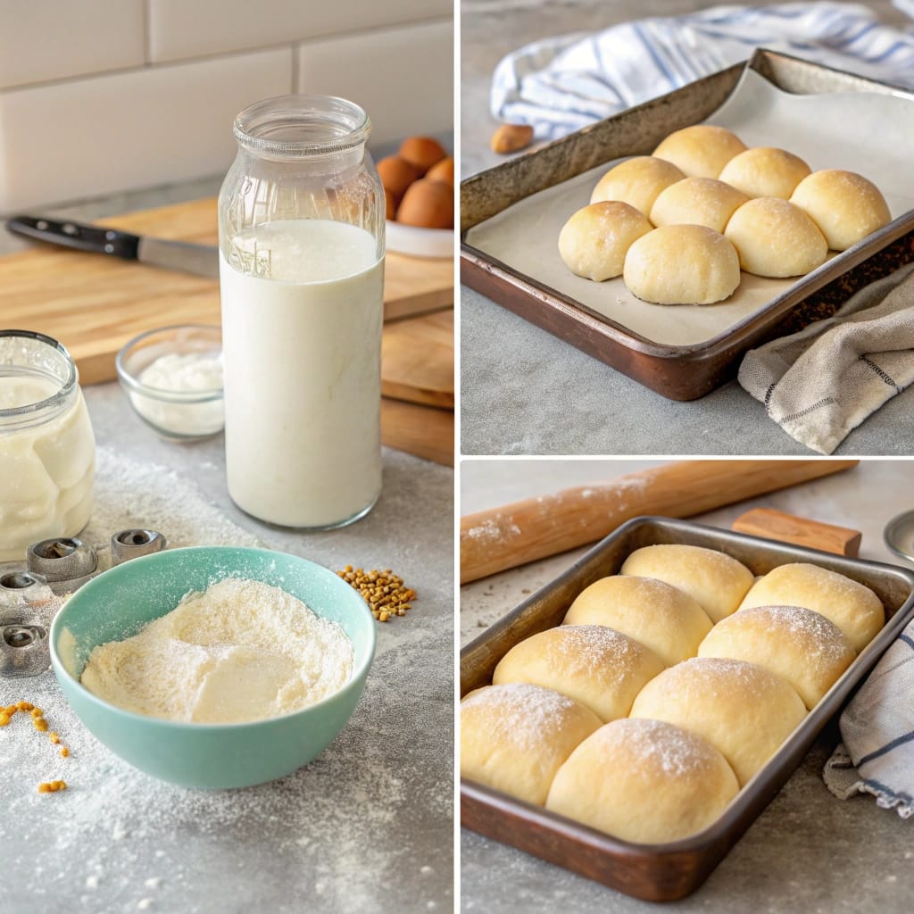 Hands shaping soft milk roll dough on a floured wooden table, under natural light.