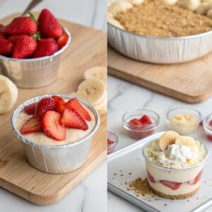 Layered strawberry cheesecake banana pudding with fresh fruit and cookie crumbles in a foil cup.