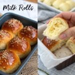 Golden and fluffy milk rolls cooling on a rustic wooden table, freshly baked with a glossy finish, perfect for a traditional homemade bread recipe.