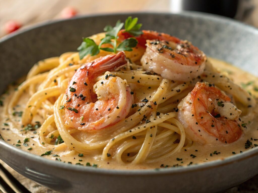 Plate of creamy shrimp spaghetti with parsley and lemon zest