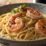 Plate of creamy shrimp spaghetti with parsley and lemon zest