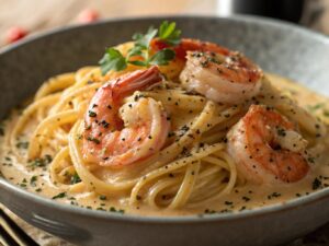 Plate of creamy shrimp spaghetti with parsley and lemon zest