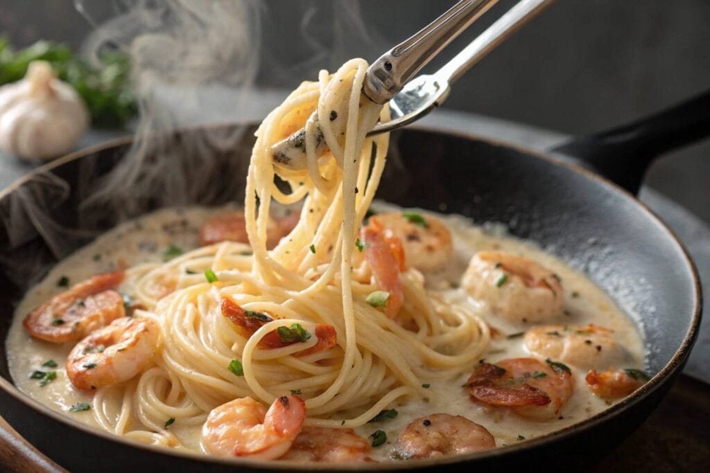 Combine pasta, sauce, and shrimp