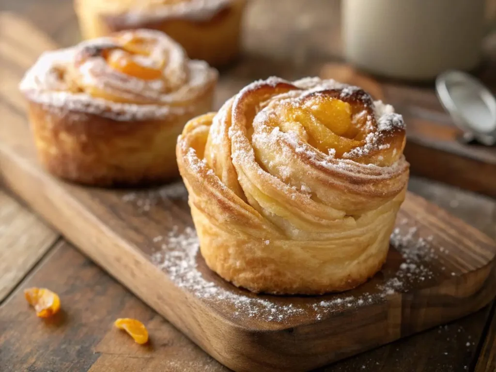 Macro close-up of a baked peach pie cruffin with visible filling.