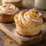 Macro close-up of a baked peach pie cruffin with visible filling.