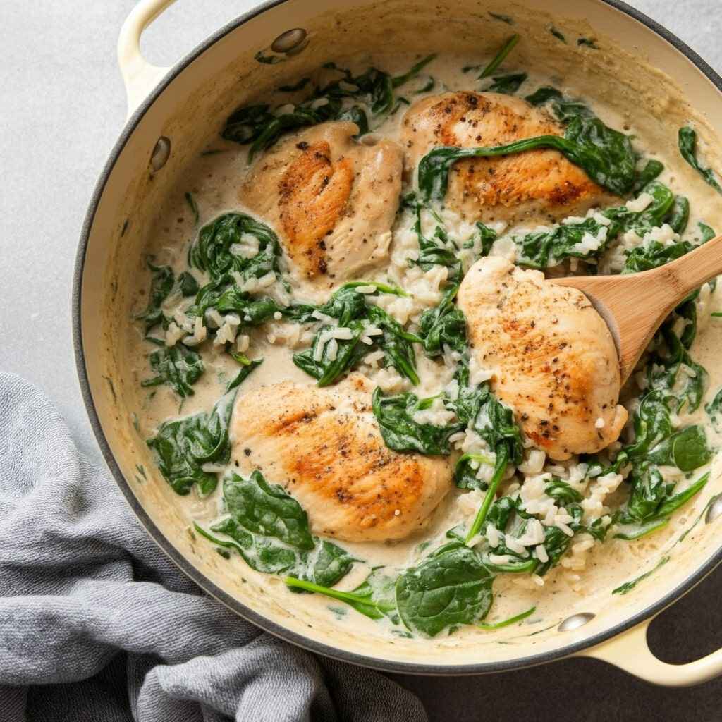 One Pot Creamy Parmesan Chicken with Spinach and Rice