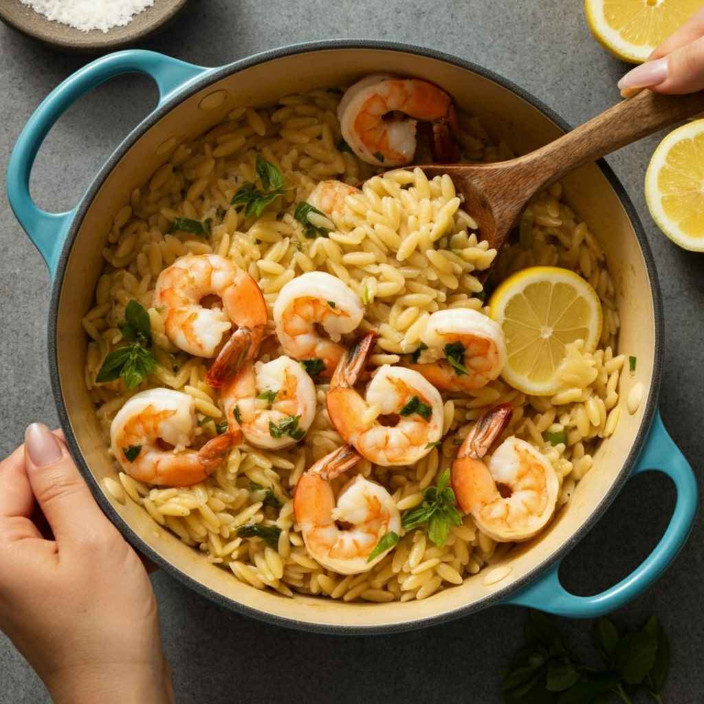 One Pot Lemon Garlic Shrimp Orzo