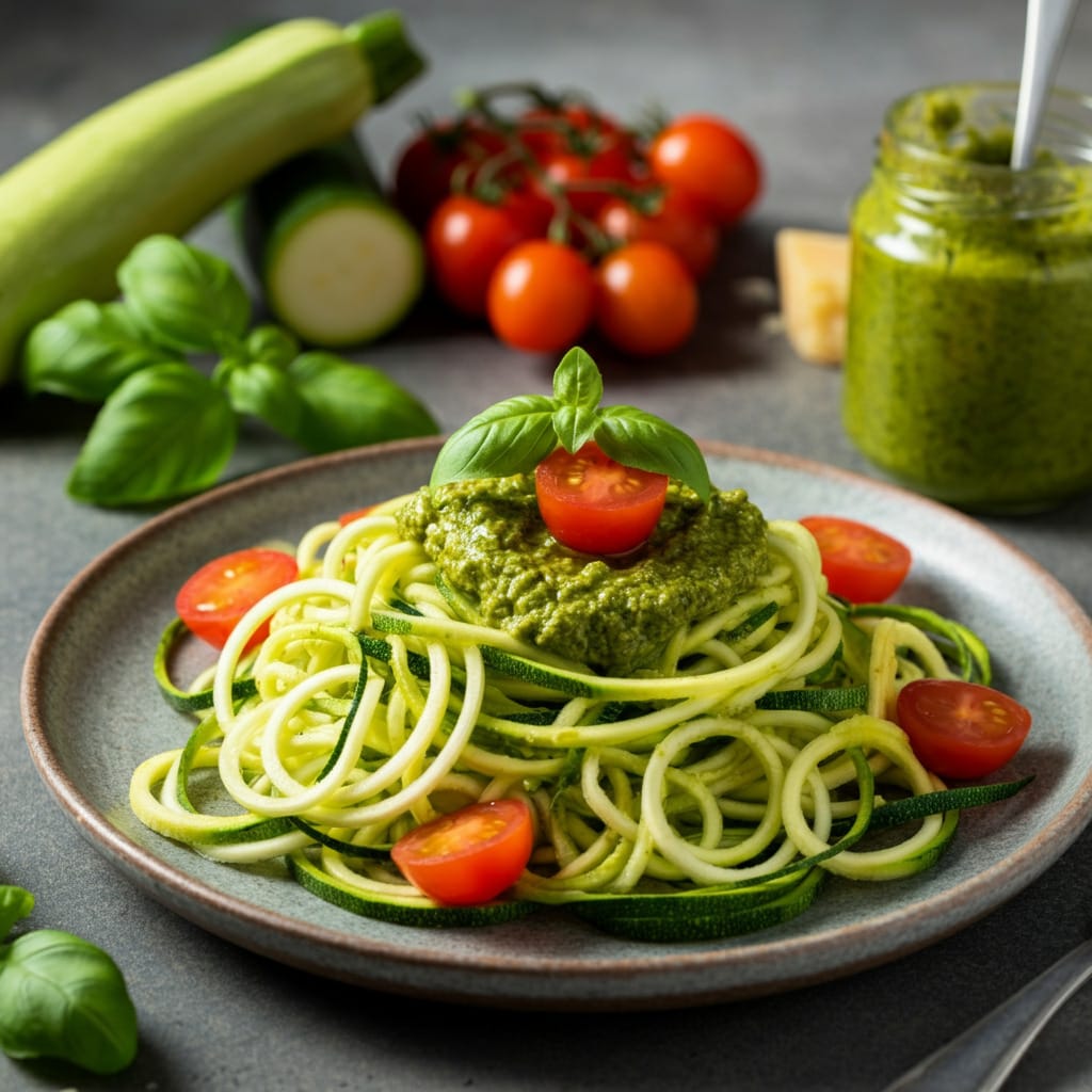 Zucchini Noodles with Pesto and Cherry Tomatoes