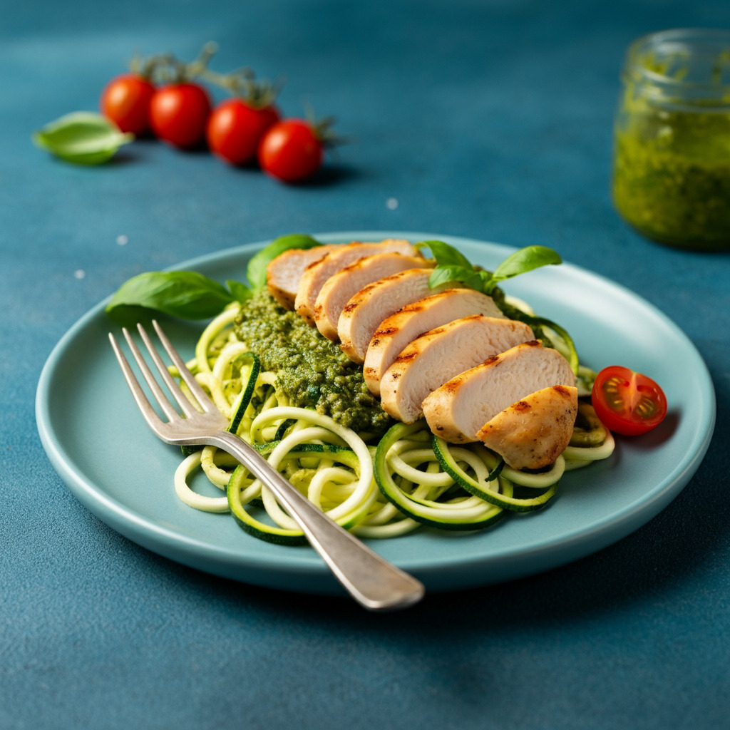 Zucchini Noodles with Pesto and Grilled Chicken