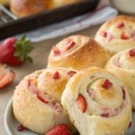 Easy strawberry bread rolls recipe showing fluffy interior with strawberry swirls, golden crust, and white glaze