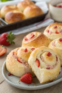 Easy strawberry bread rolls recipe showing fluffy interior with strawberry swirls, golden crust, and white glaze