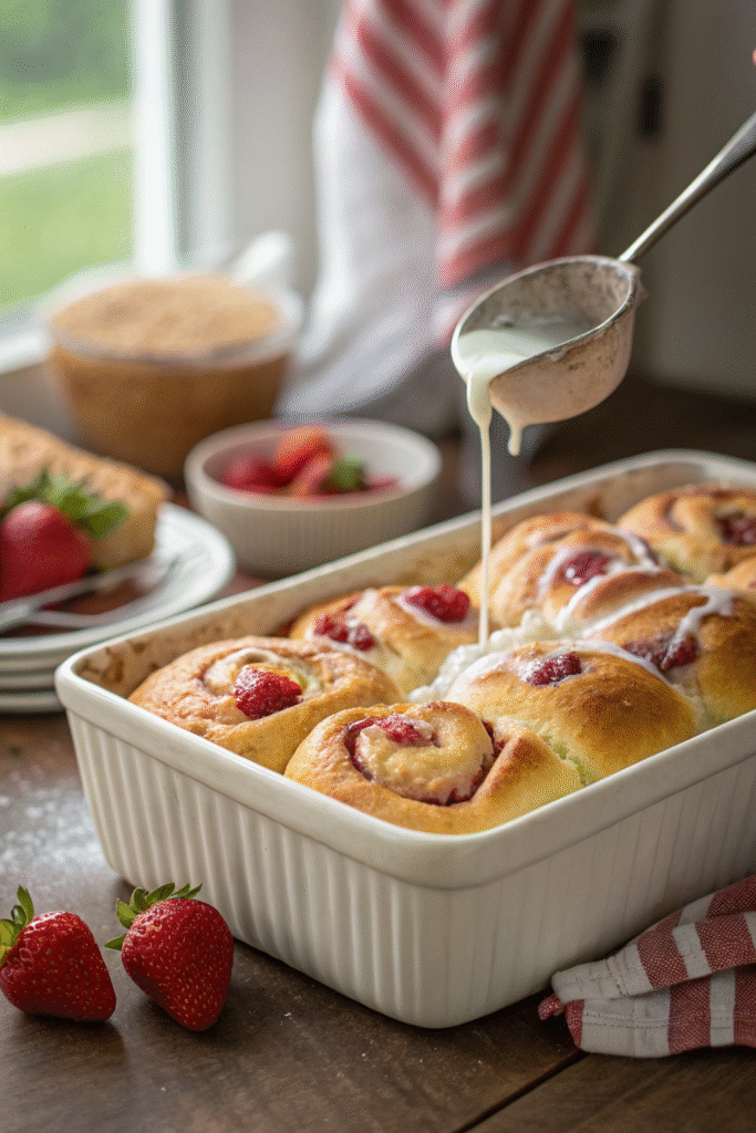 Golden strawberry bread rolls fresh from the oven, drizzled with sweet vanilla glaze while still warm and pillowy soft.

