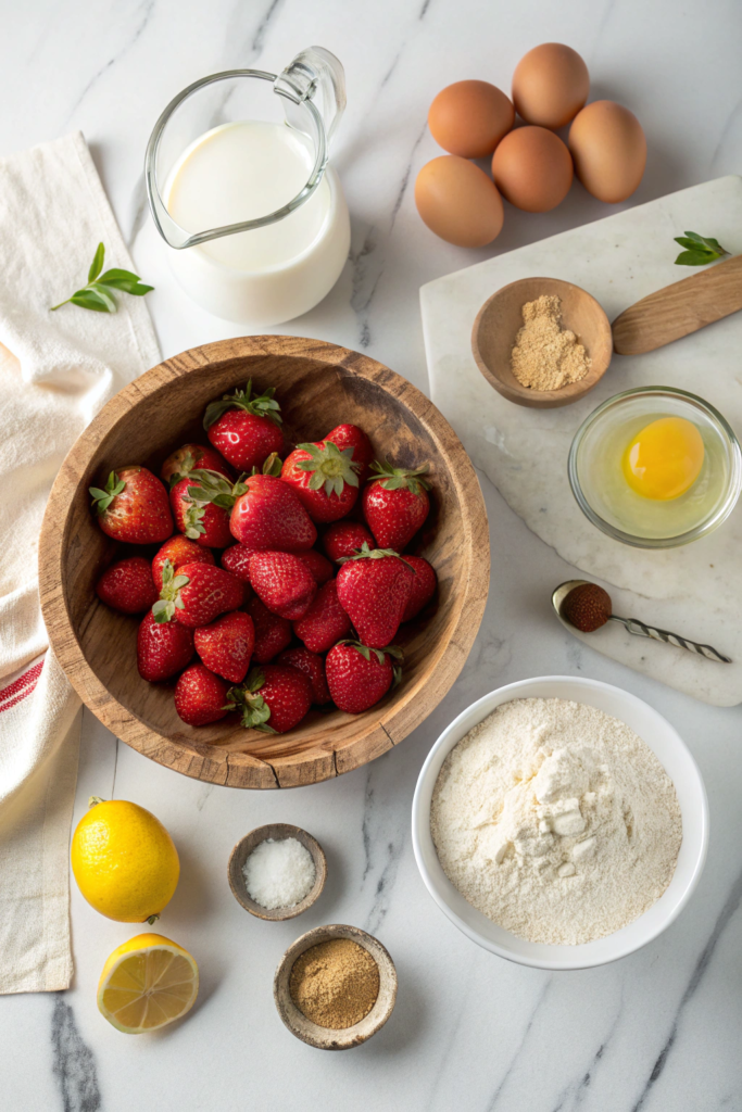 Fresh ingredients ready for homemade strawberry bread rolls - simple pantry staples create bakery-worthy results.
