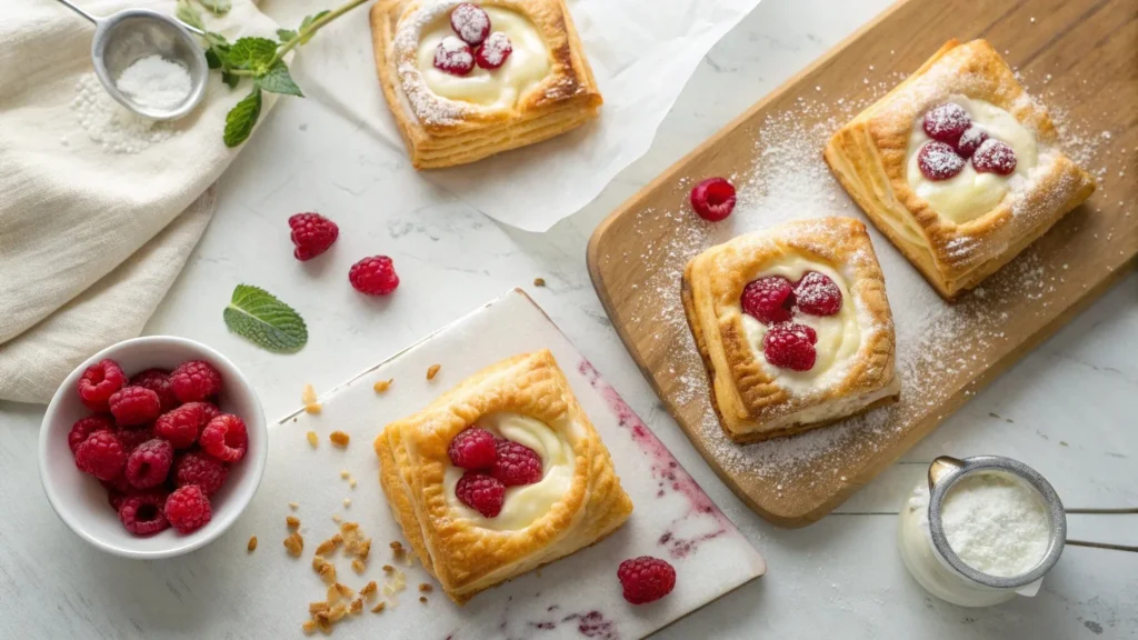 Golden raspberry cream cheese puff pastries with fresh berries on marble counter