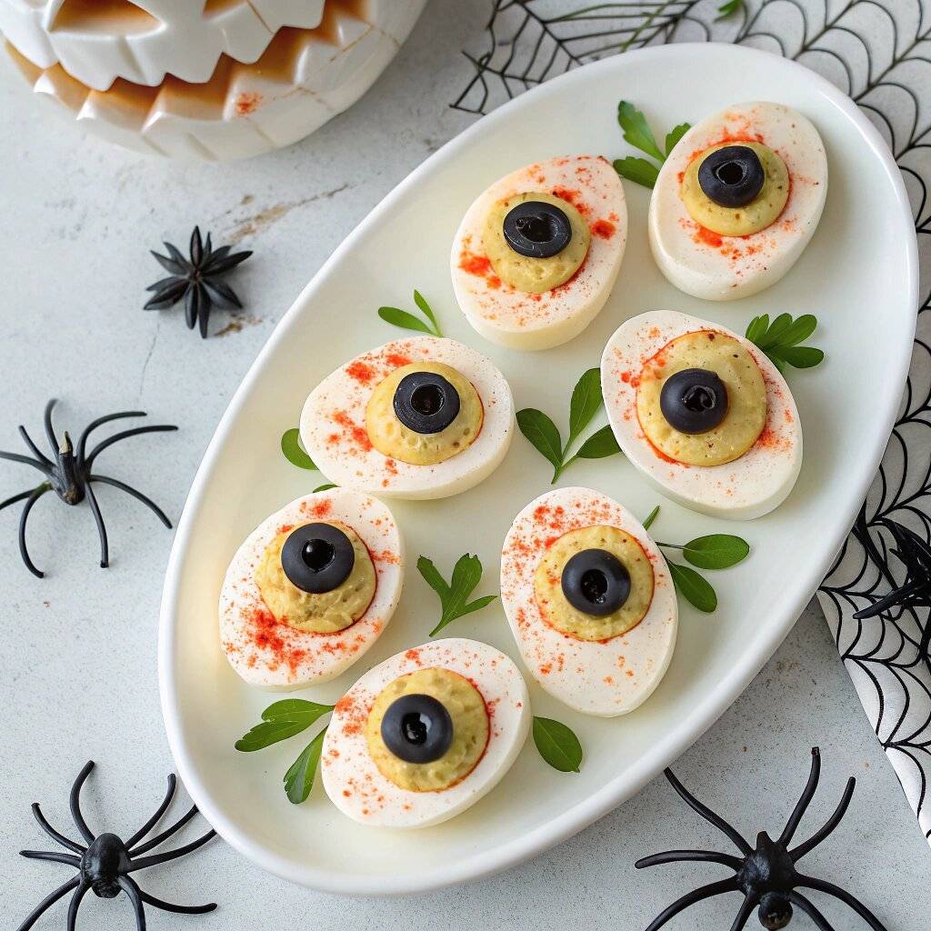 Creepy monster eye deviled eggs with olive pupils for Halloween parties