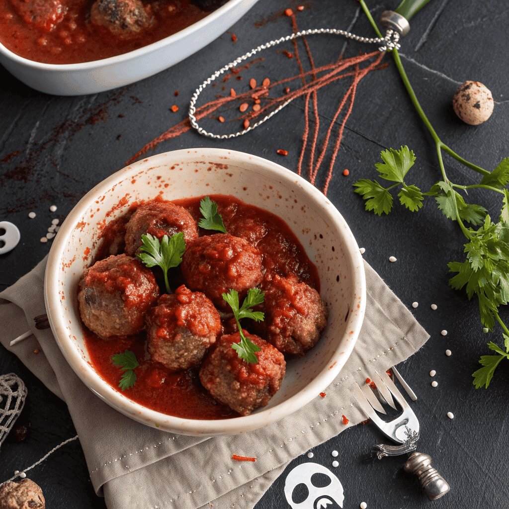Savory zombie meatballs in marinara sauce for Halloween party appetizers