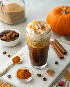 Tall glass of cold brew coffee topped with thick orange pumpkin cold foam dusted with spice on marble counter
