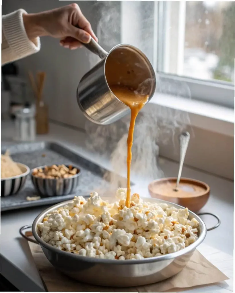 Pouring hot golden caramel sauce over white popcorn in metal bowl showing recipe process